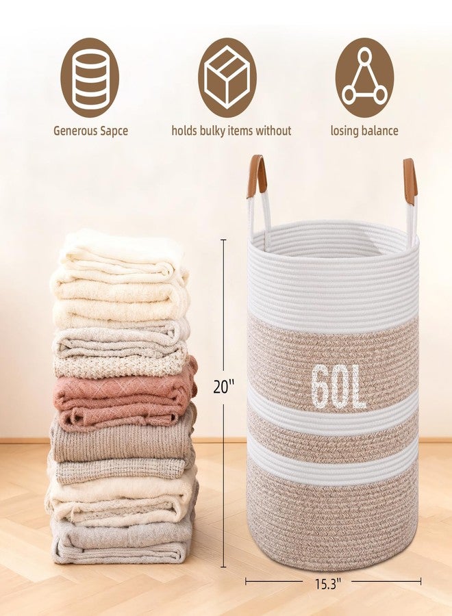 Degeyoyo 60L Striped Laundry Hamper with Leather Handles,Large Foldable Laundry Basket for Clothes,Cotton Rope Storage Bin for Blankets,Woven Clothes Basket for Bedroom,Jute Brown Stripes - Image 4