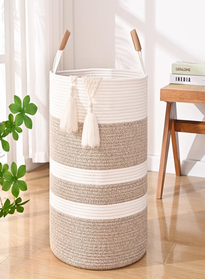 Degeyoyo 60L Striped Laundry Hamper with Leather Handles,Large Foldable Laundry Basket for Clothes,Cotton Rope Storage Bin for Blankets,Woven Clothes Basket for Bedroom,Jute Brown Stripes - Image 1