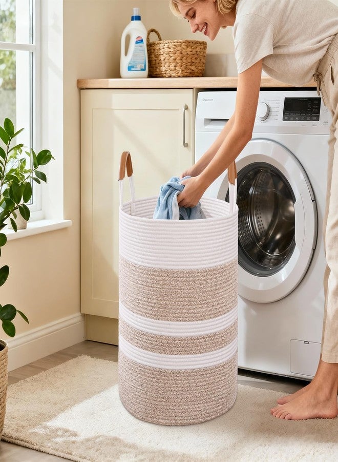 Degeyoyo 60L Striped Laundry Hamper with Leather Handles,Large Foldable Laundry Basket for Clothes,Cotton Rope Storage Bin for Blankets,Woven Clothes Basket for Bedroom,Jute Brown Stripes - Image 2