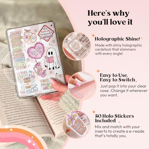 Kaciola 12PCS Inserts Cardstock and 4PCS Charms for E-Reader with 50 Stickers, 6.2"x4.3" Funny Theme Card Stock Back Cover Accessories for E-Reader Basic, Gifts for Booklovers - Image 4