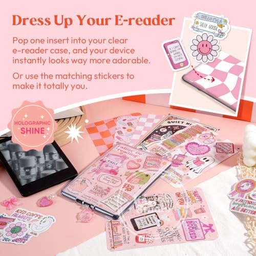 Kaciola 12PCS Inserts Cardstock and 4PCS Charms for E-Reader with 50 Stickers, 6.2"x4.3" Funny Theme Card Stock Back Cover Accessories for E-Reader Basic, Gifts for Booklovers - Image 2