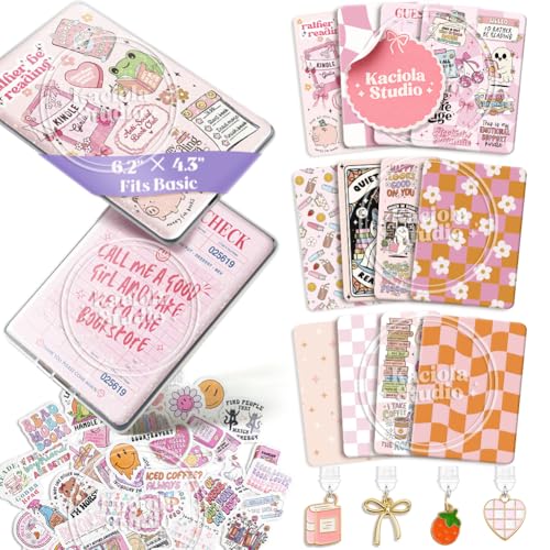 Kaciola 12PCS Inserts Cardstock and 4PCS Charms for E-Reader with 50 Stickers, 6.2"x4.3" Funny Theme Card Stock Back Cover Accessories for E-Reader Basic, Gifts for Booklovers - Image 1