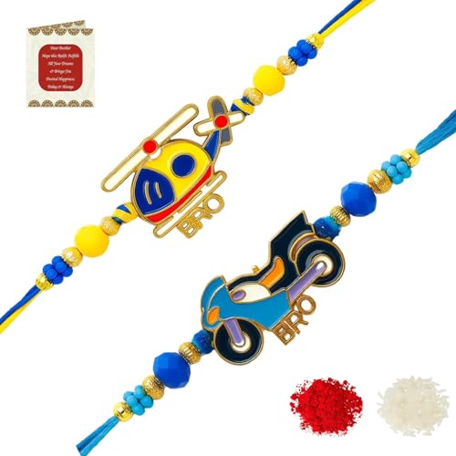 Riddhika Ventures Stylish Kids Rakhi (Set of 2) Gifts for Brother, Sister with Roli Chawal and Greeting Card (P20P21) - Image 1