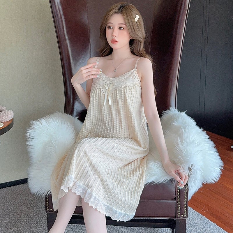 Large Size Loose Chubby Girl Nightgown New Style Simple Princess Style Slip Skirt Comfortable Summer Lace Belt Chest Pad Pajamas - Image 5