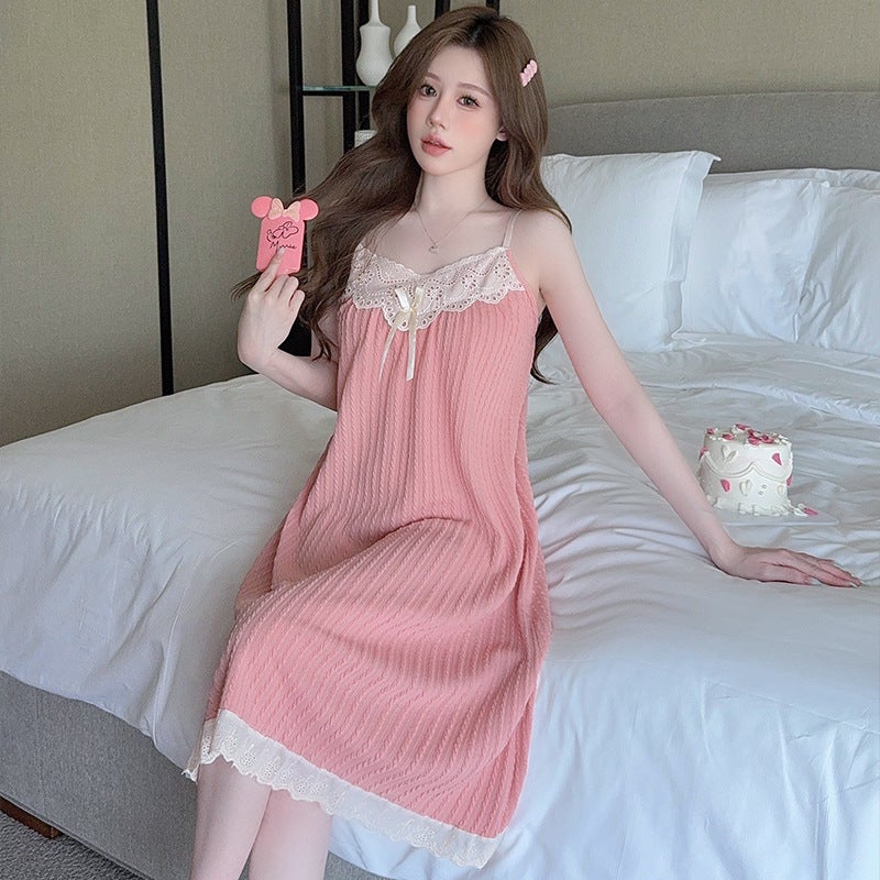 Large Size Loose Chubby Girl Nightgown New Style Simple Princess Style Slip Skirt Comfortable Summer Lace Belt Chest Pad Pajamas - Image 4