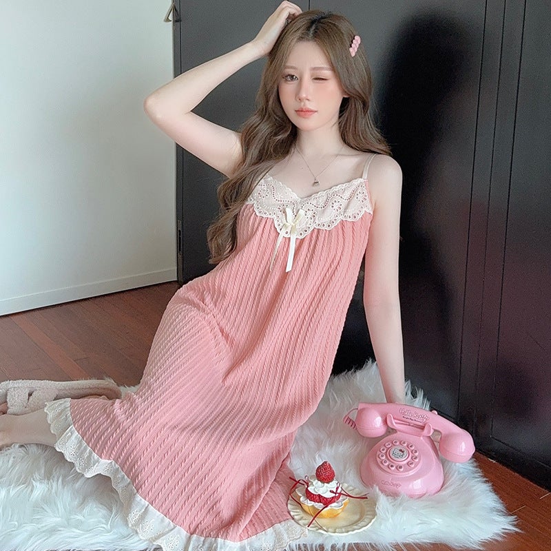 Large Size Loose Chubby Girl Nightgown New Style Simple Princess Style Slip Skirt Comfortable Summer Lace Belt Chest Pad Pajamas - Image 2