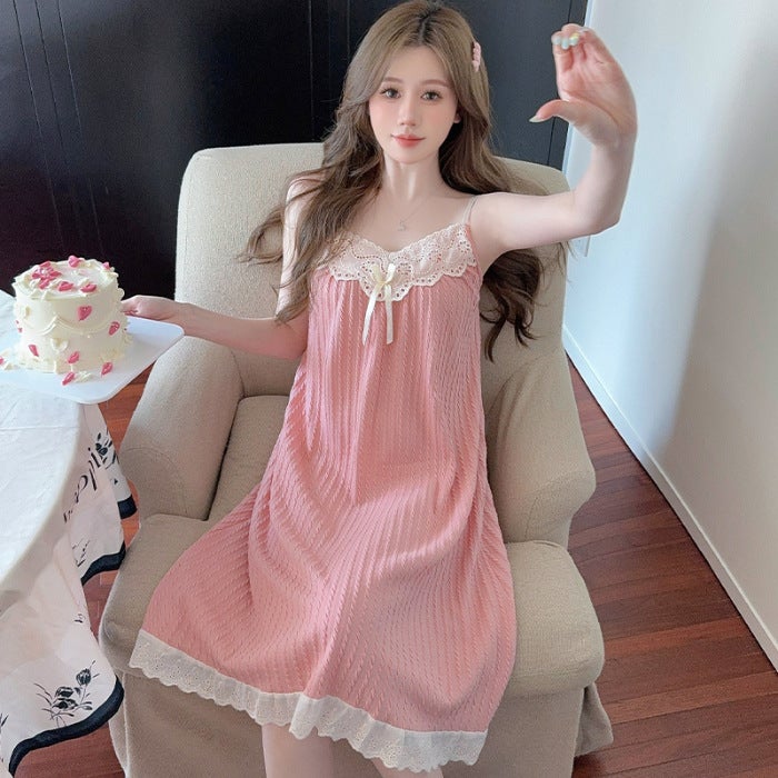 Large Size Loose Chubby Girl Nightgown New Style Simple Princess Style Slip Skirt Comfortable Summer Lace Belt Chest Pad Pajamas - Image 1