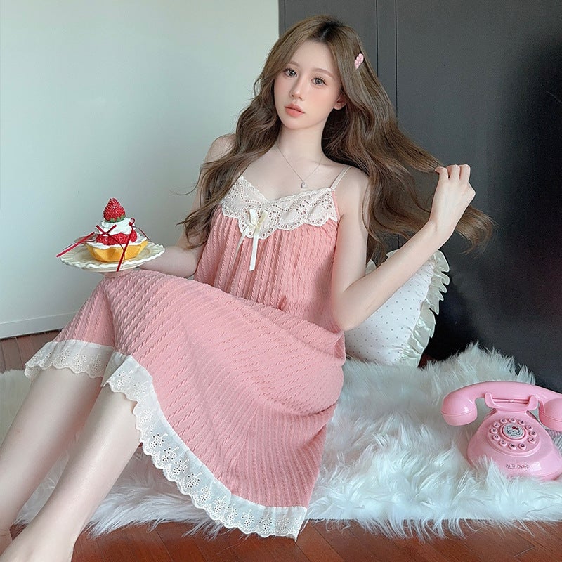 Large Size Loose Chubby Girl Nightgown New Style Simple Princess Style Slip Skirt Comfortable Summer Lace Belt Chest Pad Pajamas - Image 3