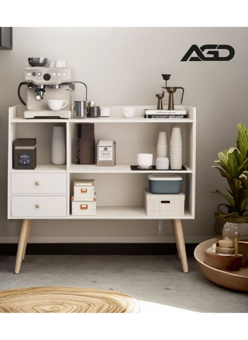 AGD Coffee Corner with Storage, Modern Side Buffet Storage Cabinet with Drawer with Removable Space Divider, Decorative Center Table for Home, 100 x 35 x 90cm, Wood, White  - Image 2