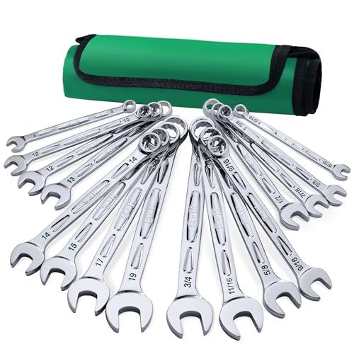 SK Combination Wrench Set, SAE 5/16" to 3/4", Metric 8, 10, 12, 13, 14, 15, 17, 19mm, 16-Piece, SuperKrome Finish, Premium CR-V Construction, with Rolling Pouch - Image 1