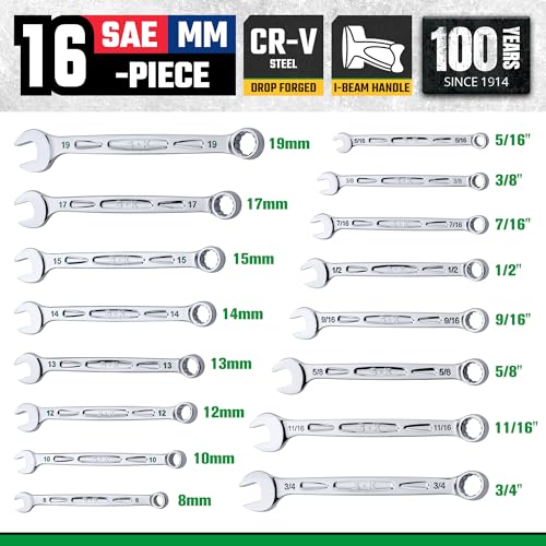 SK Combination Wrench Set, SAE 5/16" to 3/4", Metric 8, 10, 12, 13, 14, 15, 17, 19mm, 16-Piece, SuperKrome Finish, Premium CR-V Construction, with Rolling Pouch - Image 3