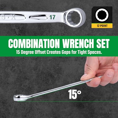 SK Combination Wrench Set, SAE 5/16" to 3/4", Metric 8, 10, 12, 13, 14, 15, 17, 19mm, 16-Piece, SuperKrome Finish, Premium CR-V Construction, with Rolling Pouch - Image 4
