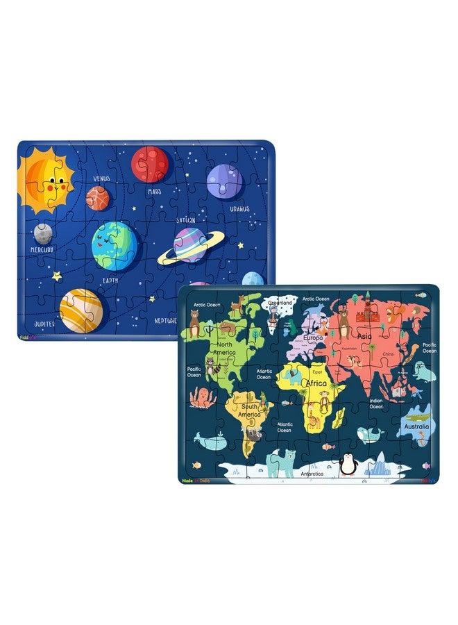 Fiddlys 40 Pcs Paperless Wooden Jigsaw Puzzle for Boys & Girls Learning Educational Toy for 4 Years and above (World Map & Solar System) - Image 1