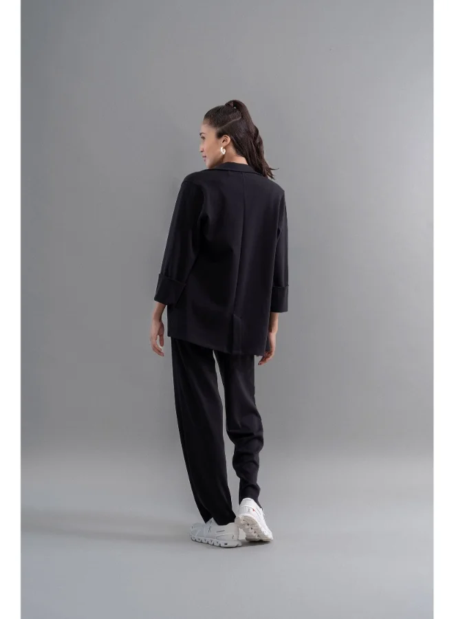 NeceSera Snugknit Black Flared Pant With Tank Top & Blazer