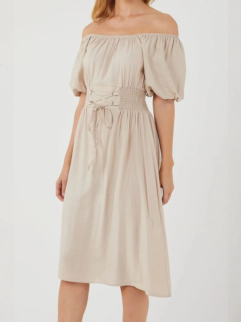 Mixray Stone Natural Off-Shoulder Puff Sleeve Midi Dress with Lace-Up Waist for Women | Best Price UAE