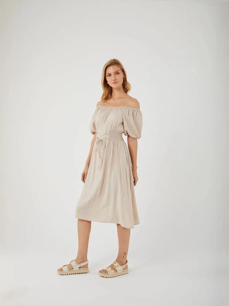 Mixray Stone Natural Off-Shoulder Puff Sleeve Midi Dress with Lace-Up Waist for Women | Best Price UAE