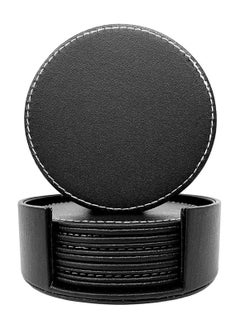 Y&D Set Of 6 Round PU Leather Drink Coasters Set Table Mats With Holder 10CM Black Coasters For Drinks Heat-Resistance Mats Coffee Coaster Protect Furniture For Holding Coffee Cups Sports Bottles  - Image 1