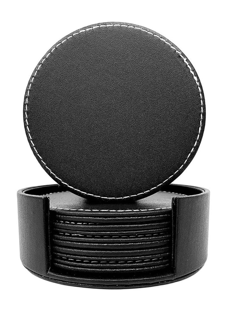 Y&D Set Of 6 Round PU Leather Drink Coasters Set Table Mats With Holder 10CM Black Coasters For Drinks Heat-Resistance Mats Coffee Coaster Protect Furniture For Holding Coffee Cups Sports Bottles  - Image 1