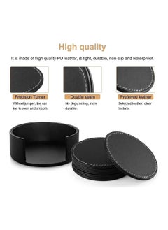 Y&D Set Of 6 Round PU Leather Drink Coasters Set Table Mats With Holder 10CM Black Coasters For Drinks Heat-Resistance Mats Coffee Coaster Protect Furniture For Holding Coffee Cups Sports Bottles  - Image 4