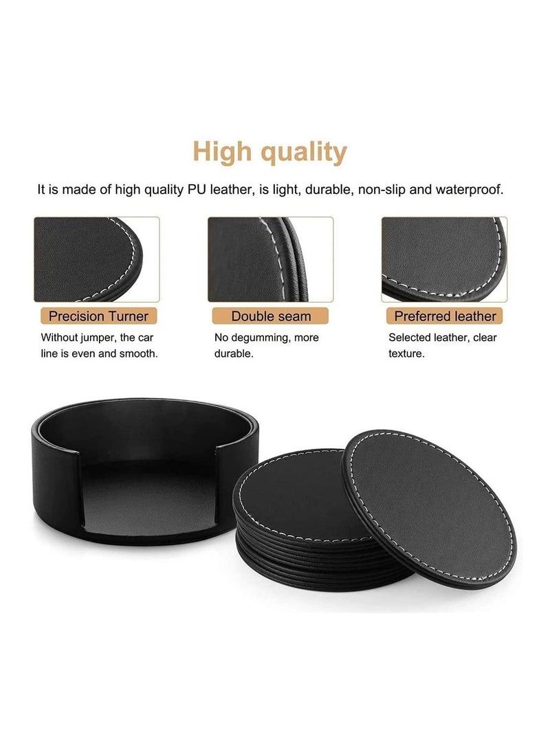 Y&D Set Of 6 Round PU Leather Drink Coasters Set Table Mats With Holder 10CM Black Coasters For Drinks Heat-Resistance Mats Coffee Coaster Protect Furniture For Holding Coffee Cups Sports Bottles  - Image 4