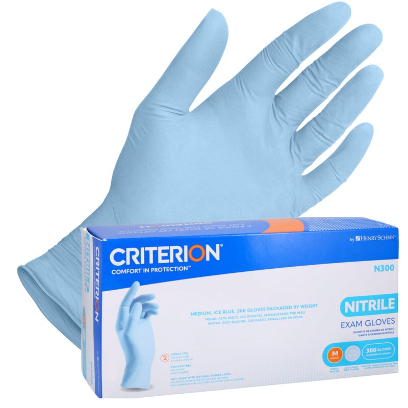Henry Schein Criterion N300 Nitrile Exam Gloves â€“ Medium, Ice Blue, 300/Box â€“ Chemo Tested, Latex-Free, Chlorinated, Textured Fingers, 2.76 Mil Finger Thickness, Beaded Cuff, Non-Sterile, Disposable - Image 1