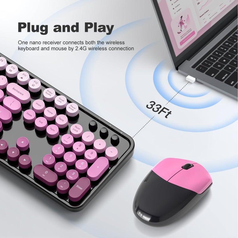 MOFII Wireless Keyboard and Mouse Combo, Full Size 2.4G Plug and Play Typewriter Retro Round Computer Keyboard and Mouse Set for Windows, Computer, Desktop, PC, Notebook - (Black Pink Gradient) - Image 2