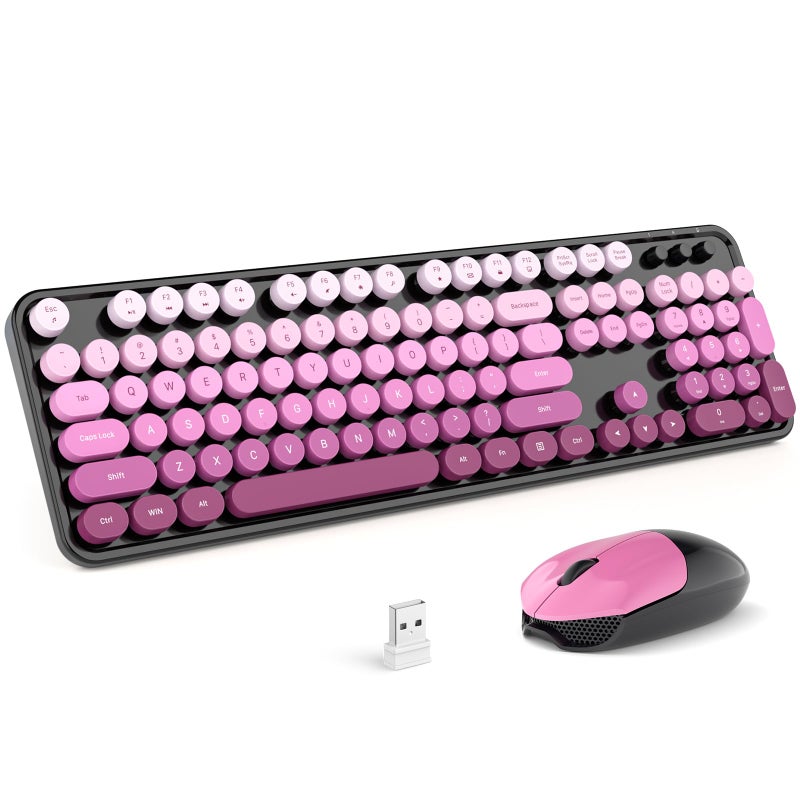 MOFII Wireless Keyboard and Mouse Combo, Full Size 2.4G Plug and Play Typewriter Retro Round Computer Keyboard and Mouse Set for Windows, Computer, Desktop, PC, Notebook - (Black Pink Gradient) - Image 1