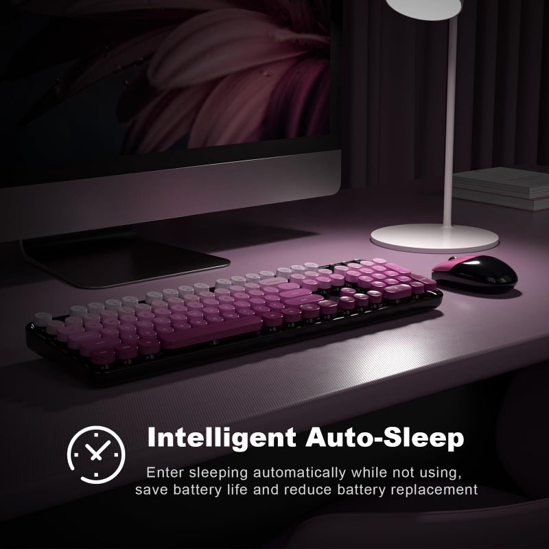 MOFII Wireless Keyboard and Mouse Combo, Full Size 2.4G Plug and Play Typewriter Retro Round Computer Keyboard and Mouse Set for Windows, Computer, Desktop, PC, Notebook - (Black Pink Gradient) - Image 3