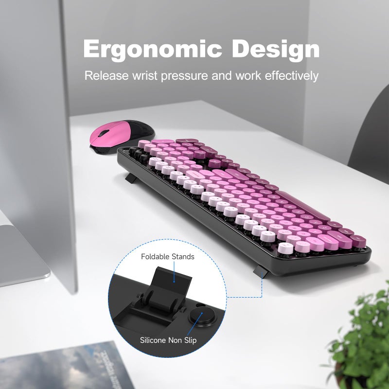 MOFII Wireless Keyboard and Mouse Combo, Full Size 2.4G Plug and Play Typewriter Retro Round Computer Keyboard and Mouse Set for Windows, Computer, Desktop, PC, Notebook - (Black Pink Gradient) - Image 4