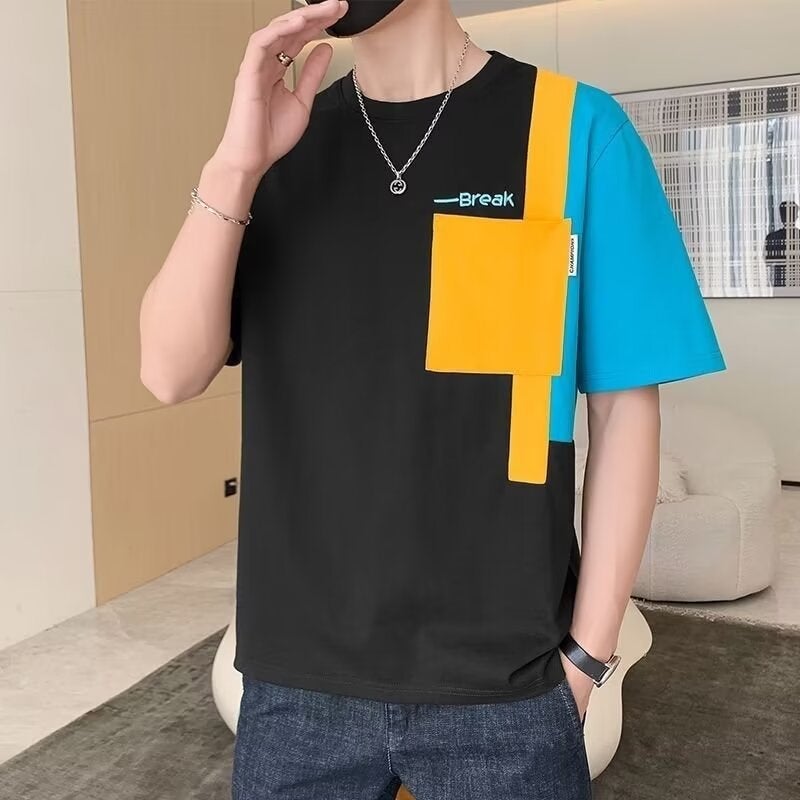 New Short-Sleeved T-Shirt Men'S Summer Korean-Style Trendy Simple Half-Sleeved Top Hong Kong-Style Loose Casual Trendy Brand T-Shirt - Image 1