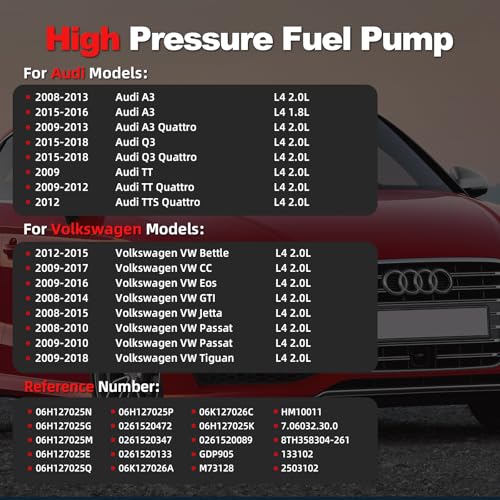 VANBOL High Pressure Fuel Pump Compatible with 2008-2018 Audi A3 Q3 TT TTS Quattro VW Beetle CC Eos GTI Jetta Tiguan Passat L4 1.8L 2.0L Replace 06H127025N 06H127025E (Premium Version) - Image 2