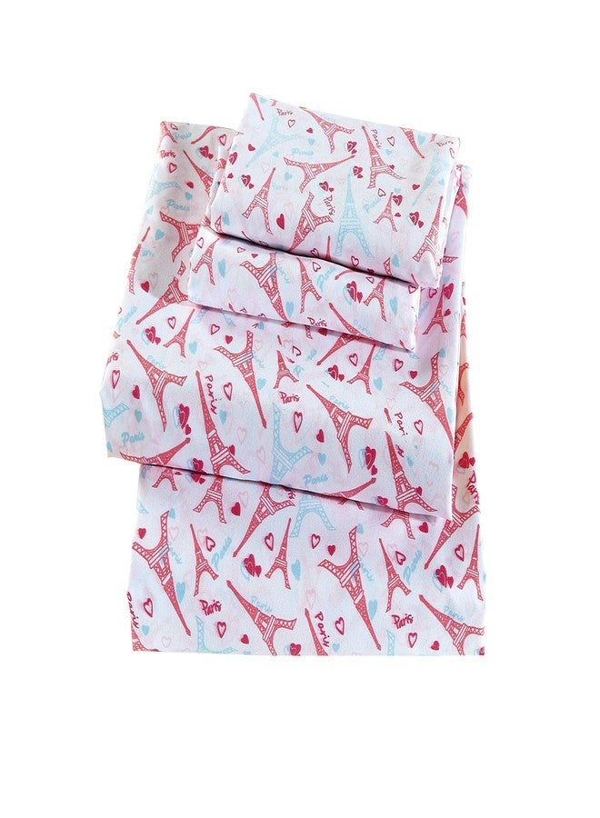 Linen Plus Sheet Set for Girls/Teens Eiffel Tower Paris Hot Pink Light Blue White Flat Sheet Fitted Sheet and Pillow Cases Full Size New - Image 1