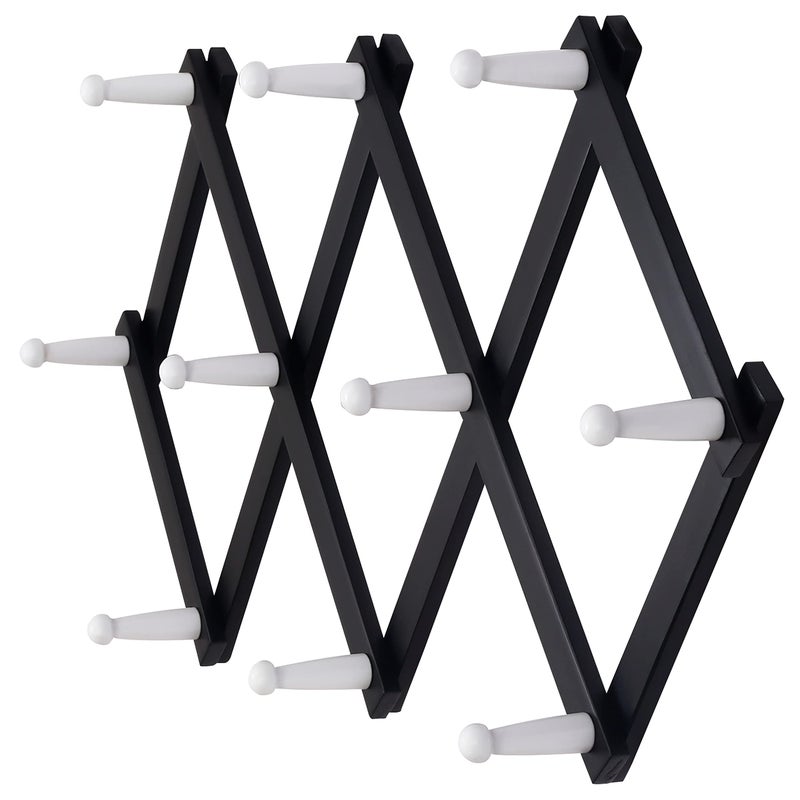 Dseap Accordian Wall Hanger: 16” High Wooden Wall Expandable Coat Rack, Hat Rack Holder, Accordion Hook for Baseball Caps, Coats, Mugs, 10 Peg Hooks, Black & White - Image 1