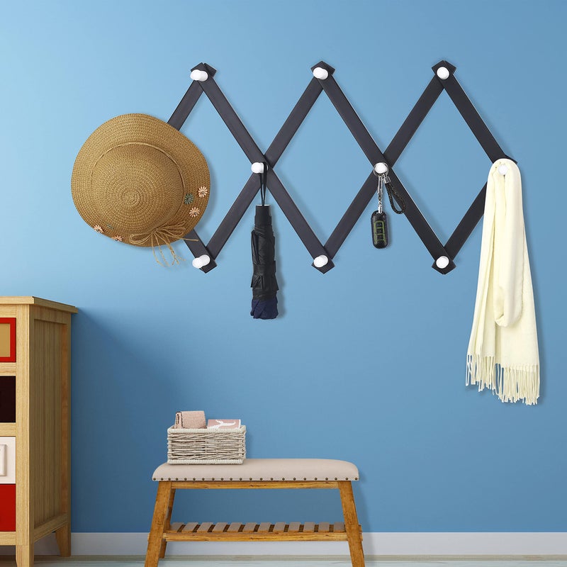 Dseap Accordian Wall Hanger: 16” High Wooden Wall Expandable Coat Rack, Hat Rack Holder, Accordion Hook for Baseball Caps, Coats, Mugs, 10 Peg Hooks, Black & White - Image 2