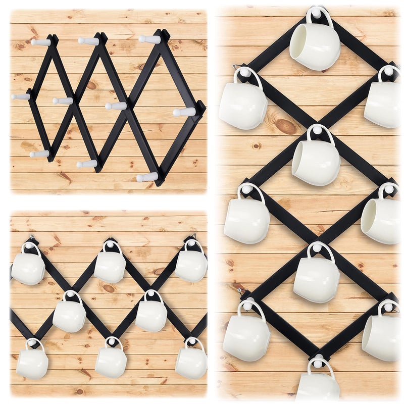 Dseap Accordian Wall Hanger: 16” High Wooden Wall Expandable Coat Rack, Hat Rack Holder, Accordion Hook for Baseball Caps, Coats, Mugs, 10 Peg Hooks, Black & White - Image 4