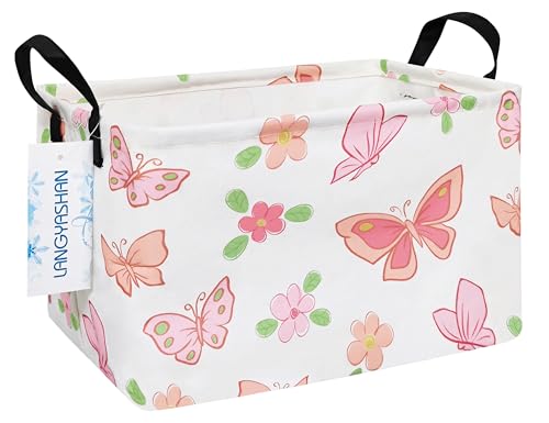 LANGYASHAN Rectangular Storage Bin Collapse Canvas Fabric Cartoon Storage Basket with Handles for Organizing Home Kitchen Boys and Girls Toys Office Closet Shelf Baskets Rec Pink Butterfly - Image 1