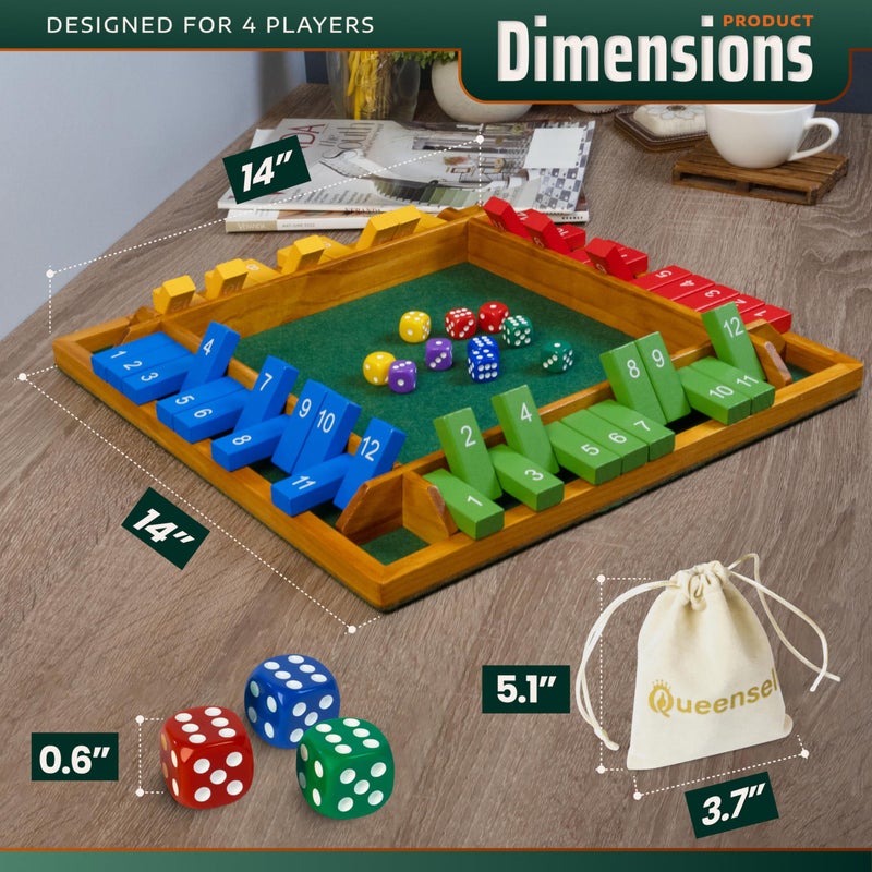 Queensell Large Shut The Box Game Wooden for 4 Players - Math Games -Family Games for Kids and Adults - 14-inch Close The Box Game 12 Numbers - Family Board Games - Image 2