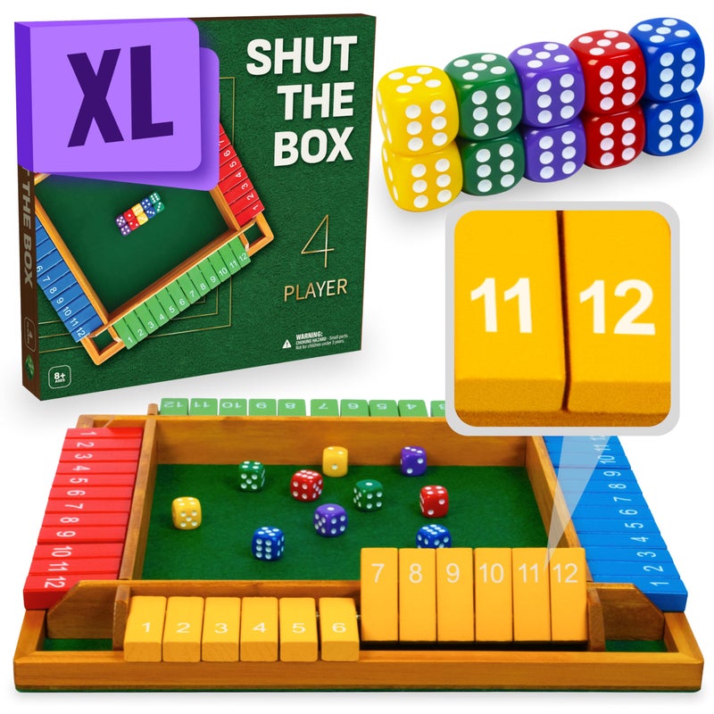 Queensell Large Shut The Box Game Wooden for 4 Players - Math Games -Family Games for Kids and Adults - 14-inch Close The Box Game 12 Numbers - Family Board Games - Image 1