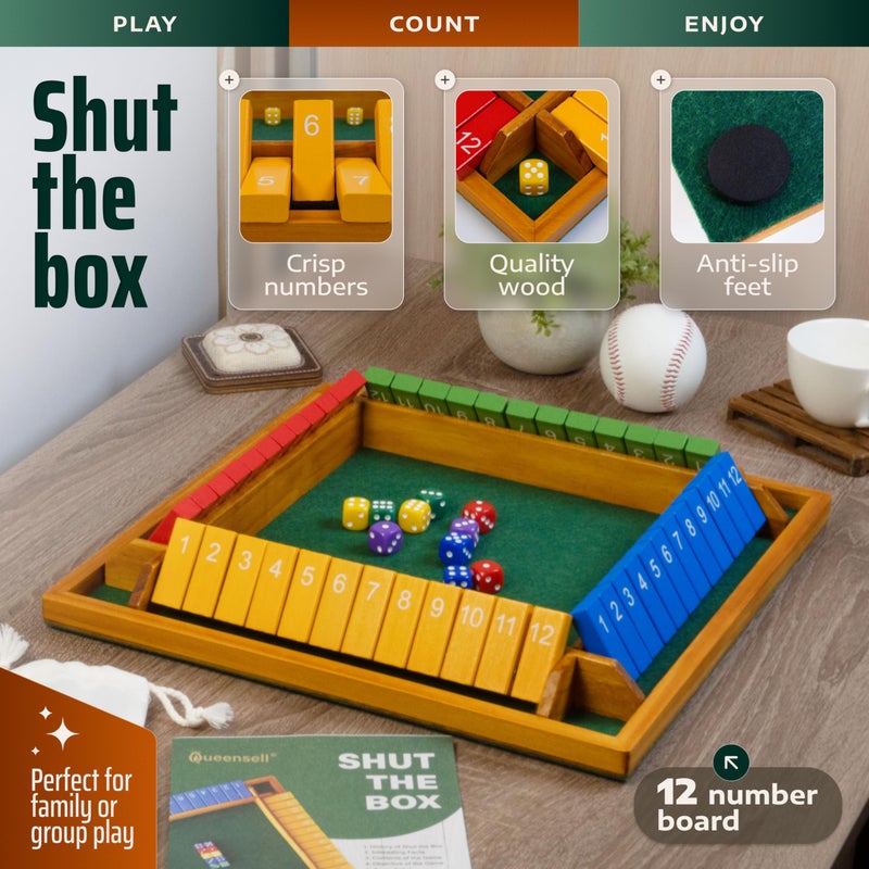 Queensell Large Shut The Box Game Wooden for 4 Players - Math Games -Family Games for Kids and Adults - 14-inch Close The Box Game 12 Numbers - Family Board Games - Image 4