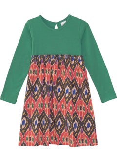 Lovetti Sea Green Kilim Pattern Girl Long Sleeve Dress  - Image 1