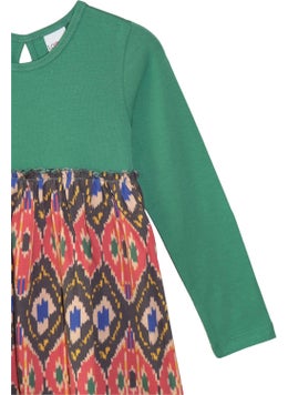 Lovetti Sea Green Kilim Pattern Girl Long Sleeve Dress  - Image 2