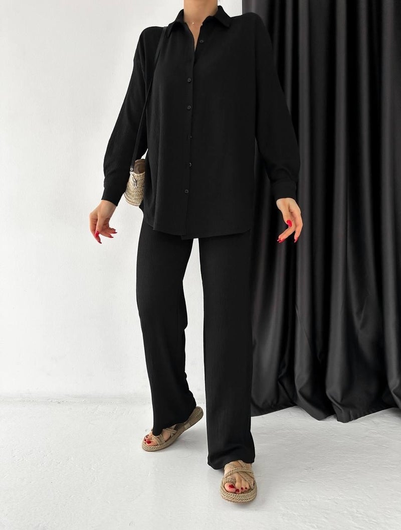 Escbutik Women's Elastic Waist Wrinkled Fabric Trousers Shirt Set of 2  - Image 1