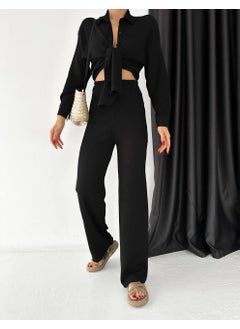 Escbutik Women's Elastic Waist Wrinkled Fabric Trousers Shirt Set of 2  - Image 3