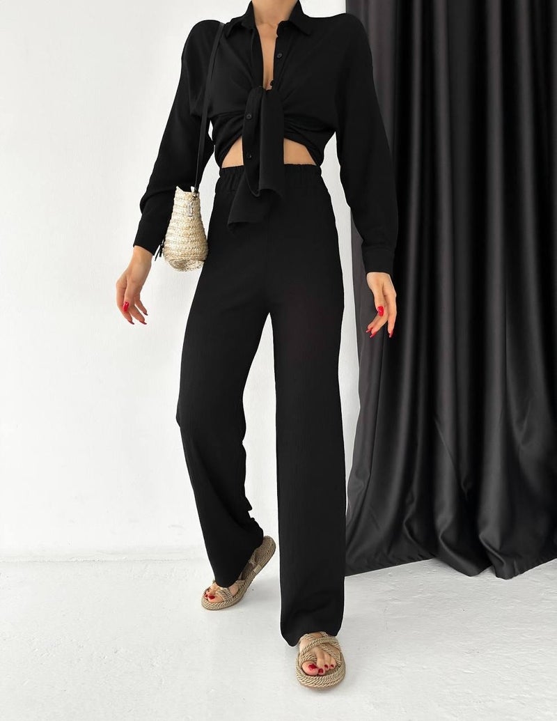 Escbutik Women's Elastic Waist Wrinkled Fabric Trousers Shirt Set of 2  - Image 3
