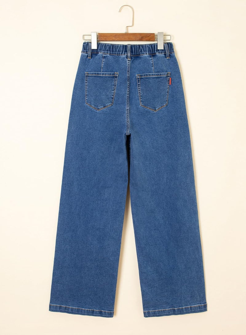 Sidefeel Women's Wide Leg Jeans Drawstring Baggy High Waisted Stretchy Elastic Waist Sweatpant Jeans Size 10 Blue - Image 5