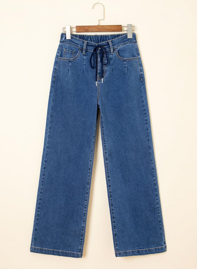 Sidefeel Women's Wide Leg Jeans Drawstring Baggy High Waisted Stretchy Elastic Waist Sweatpant Jeans Size 10 Blue - Image 4