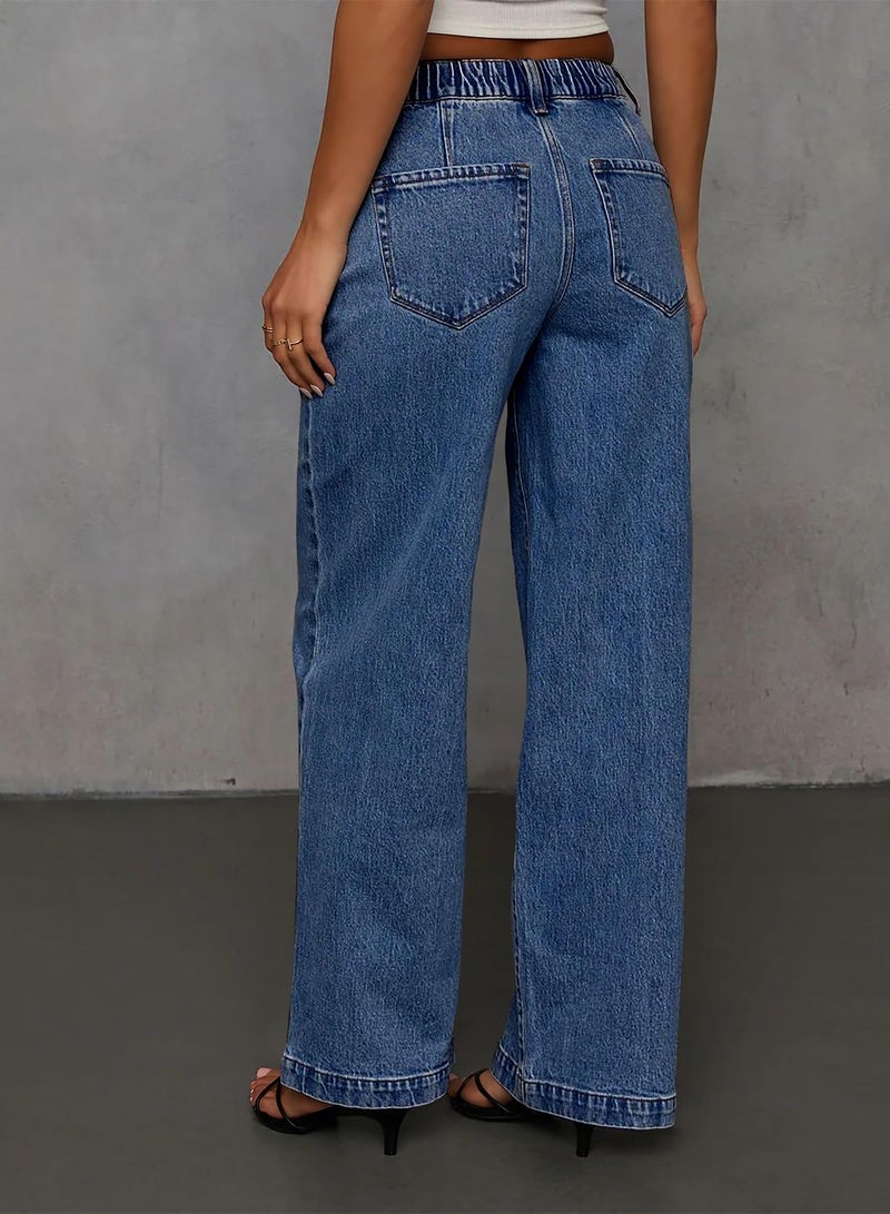 Sidefeel Women's Wide Leg Jeans Drawstring Baggy High Waisted Stretchy Elastic Waist Sweatpant Jeans Size 10 Blue - Image 2