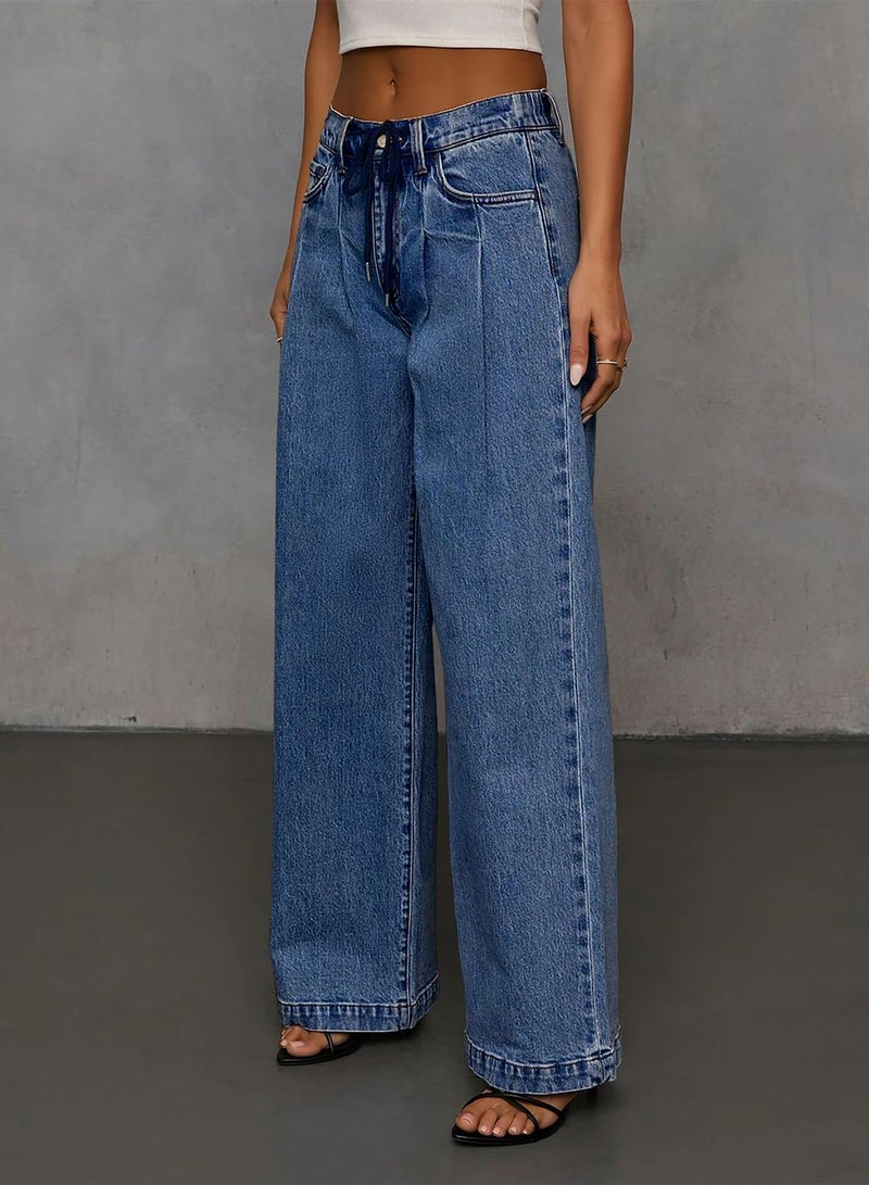Sidefeel Women's Wide Leg Jeans Drawstring Baggy High Waisted Stretchy Elastic Waist Sweatpant Jeans Size 10 Blue - Image 3