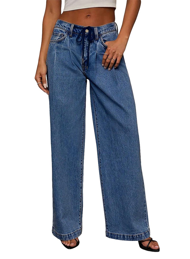 Sidefeel Women's Wide Leg Jeans Drawstring Baggy High Waisted Stretchy Elastic Waist Sweatpant Jeans Size 10 Blue - Image 1