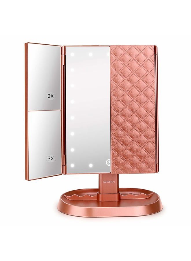DeWEISN Trifold Lighted Vanity Makeup Mirror with 21 LEDs Lights,1x/2x/3x Magnification and Touch Screen Dimming,Two Power Supplies Makeup Mirror, Gift for Women - Image 1